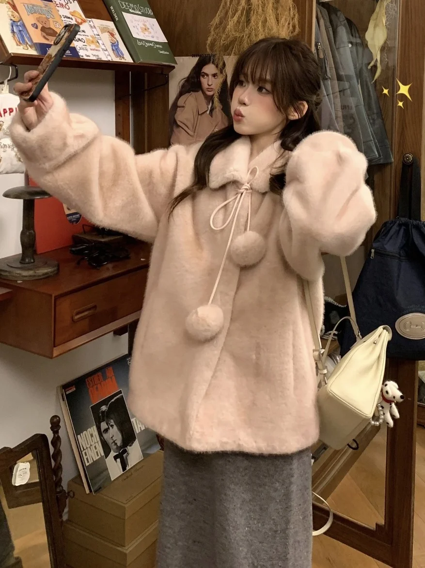 الكورية Sle الحلو لطيف فرو المنك الاصطناعي معطف متكامل المرأة الشتاء ort Thiened عارضة Plu معطف كبير
