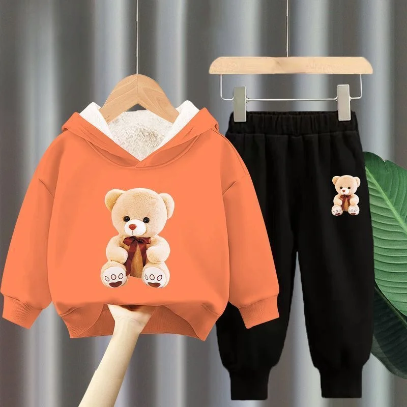 winter Boys Clothes plush warm long sleeve& trousers 2 Pieces Set Teenage Girls & Boys Printed bear hoodies Fashion Casual Top &