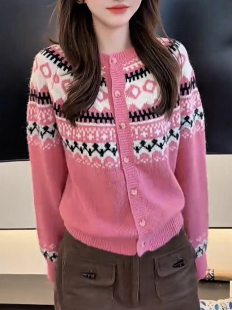 

Корейский вязаный кардиган в стиле Fair Isle с круглым вырезом, модный, больших размеров, универсальный, осенне-зимний, новинка