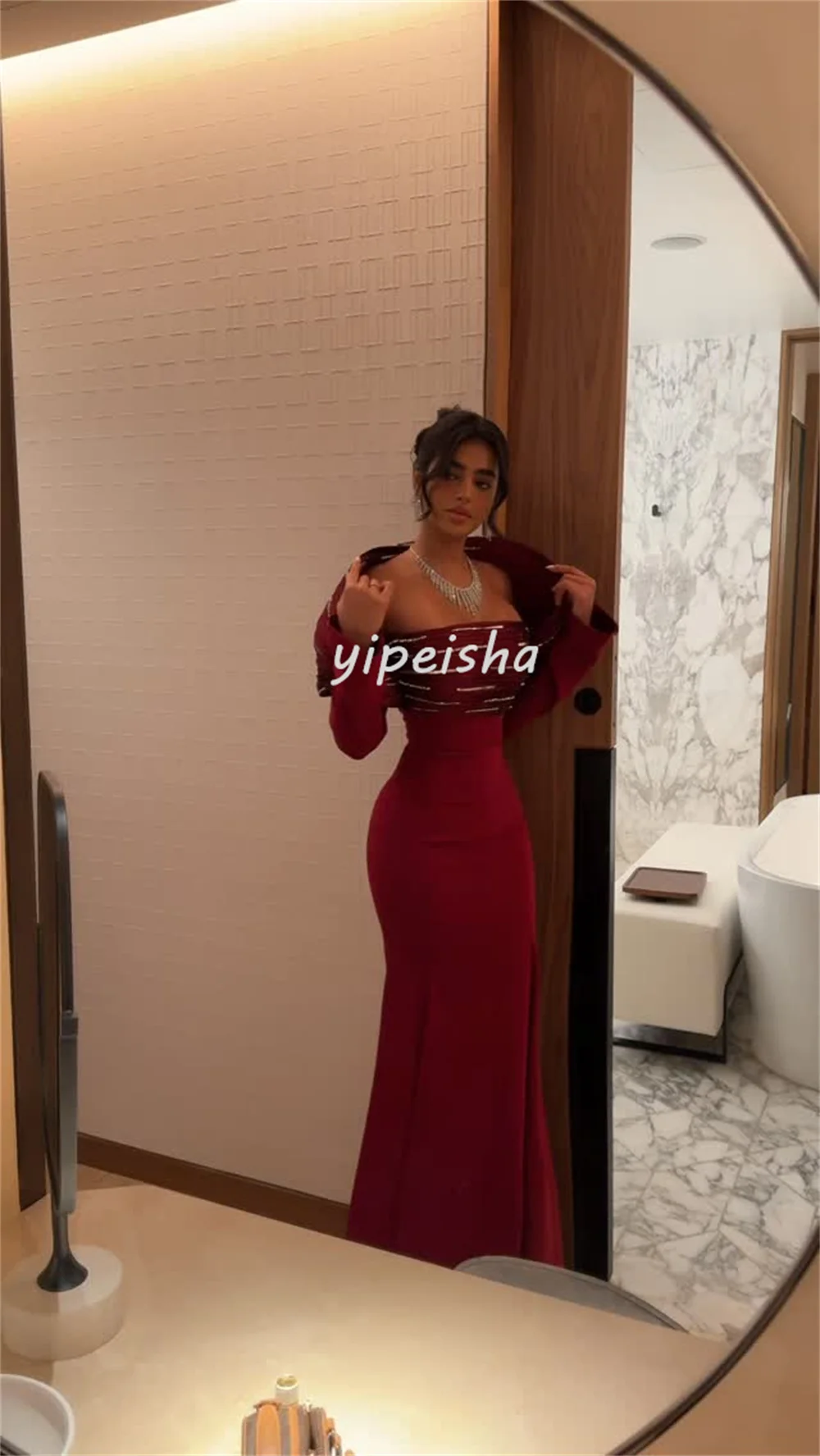 تخصيص الطراز الحديث مطابقة جيرسي حجر الراين حورية البحر خارج على الكتف فساتين طويلة مخصصة فساتين المناسبات جودة عالية #2