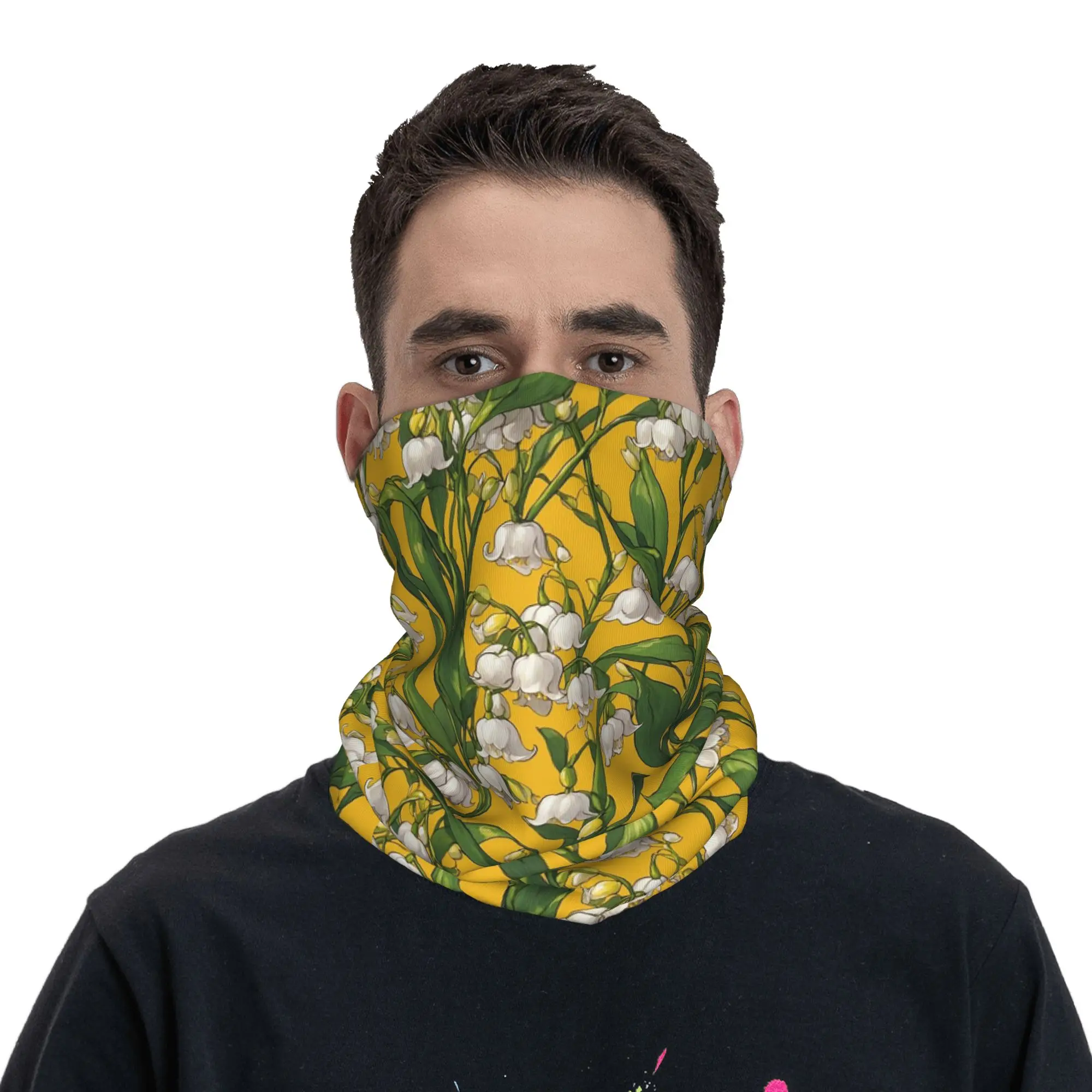 

Yellow Floral Pattern of Lily of the Valley Flowers Bandana Neck Gaiter Printed Wrap Mask Scarf Cycling Scarf Outdoor Sports