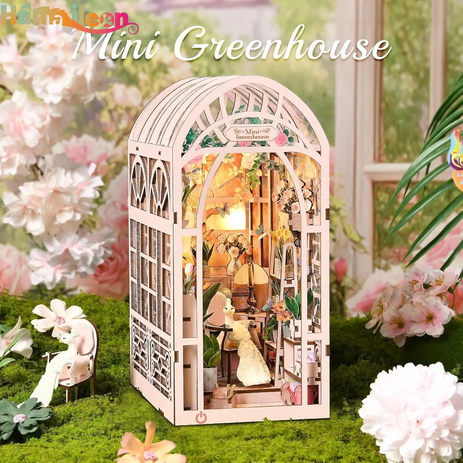 Hamaileon DIY Mini Greenhouse Book Nook Kit Creative Miniature Bookend Bookshelf Insert 3D Puzzle Decorative Gift for Adults