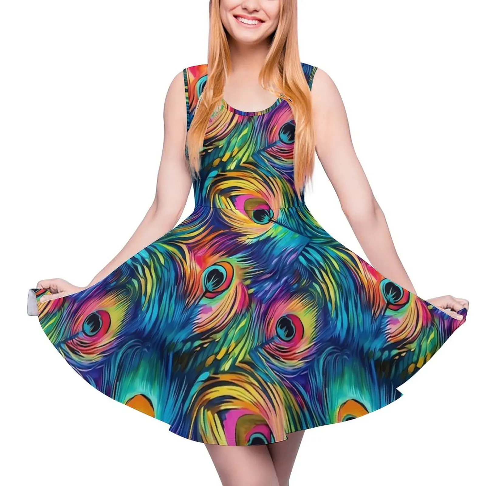 Rainbow Peacock Feather Dress Animal Print Sexy Dresses Sleeveless Street Style Skate Dress Ladies Custom Vestidos Birthday Gift