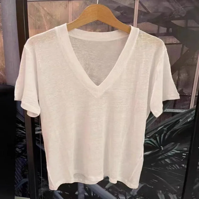 

SS24 summer cotton V-neck loose top half sleeved draped white short-sleeved T-shirt