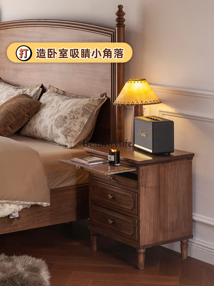 All solid wood bedside table storage retro furniture three pumping light luxury cabinet medieval