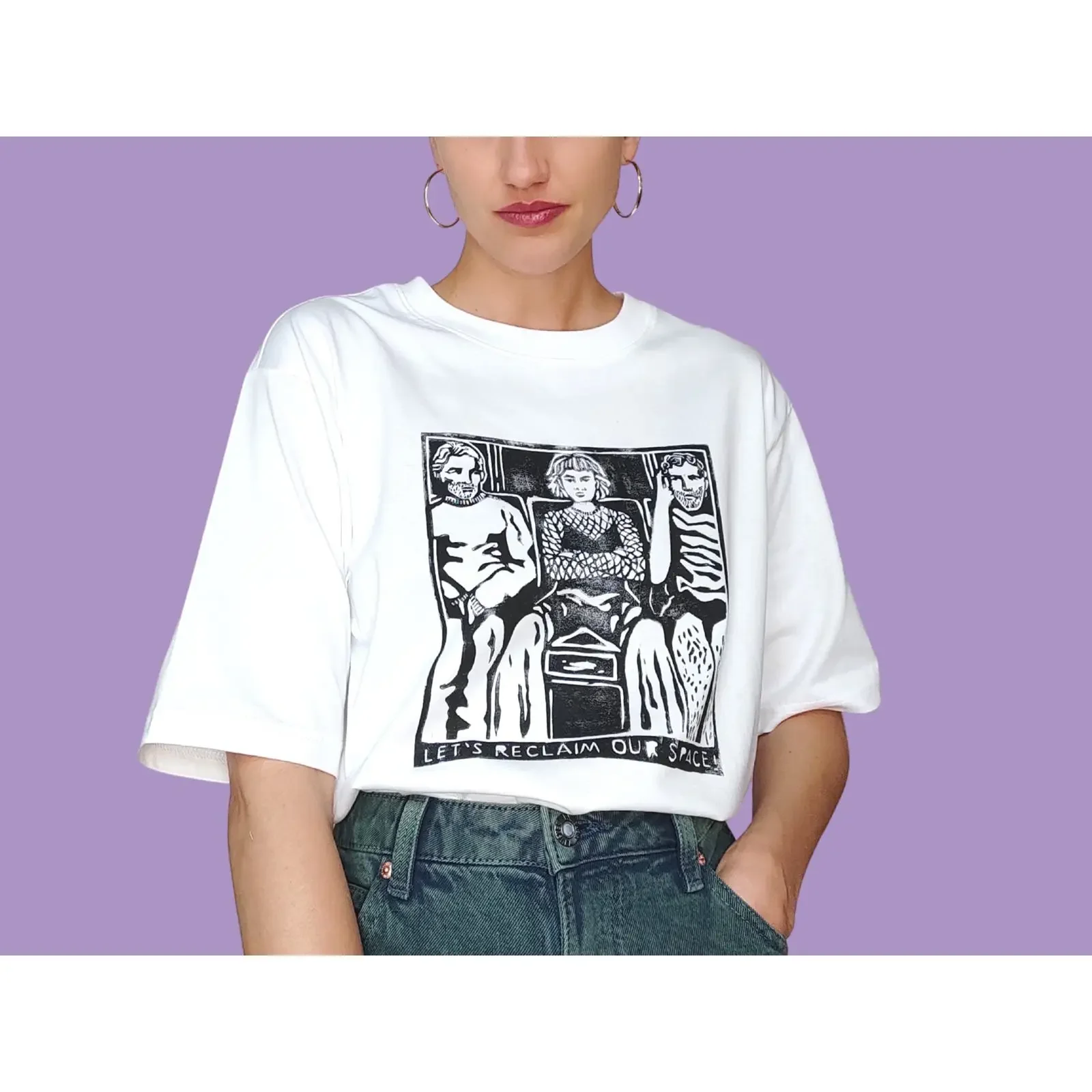 Hand printed manspreading T shirt Reclaim our space made from 100 organic cotton FeminisT vintage Washed Top For Everyday Wear