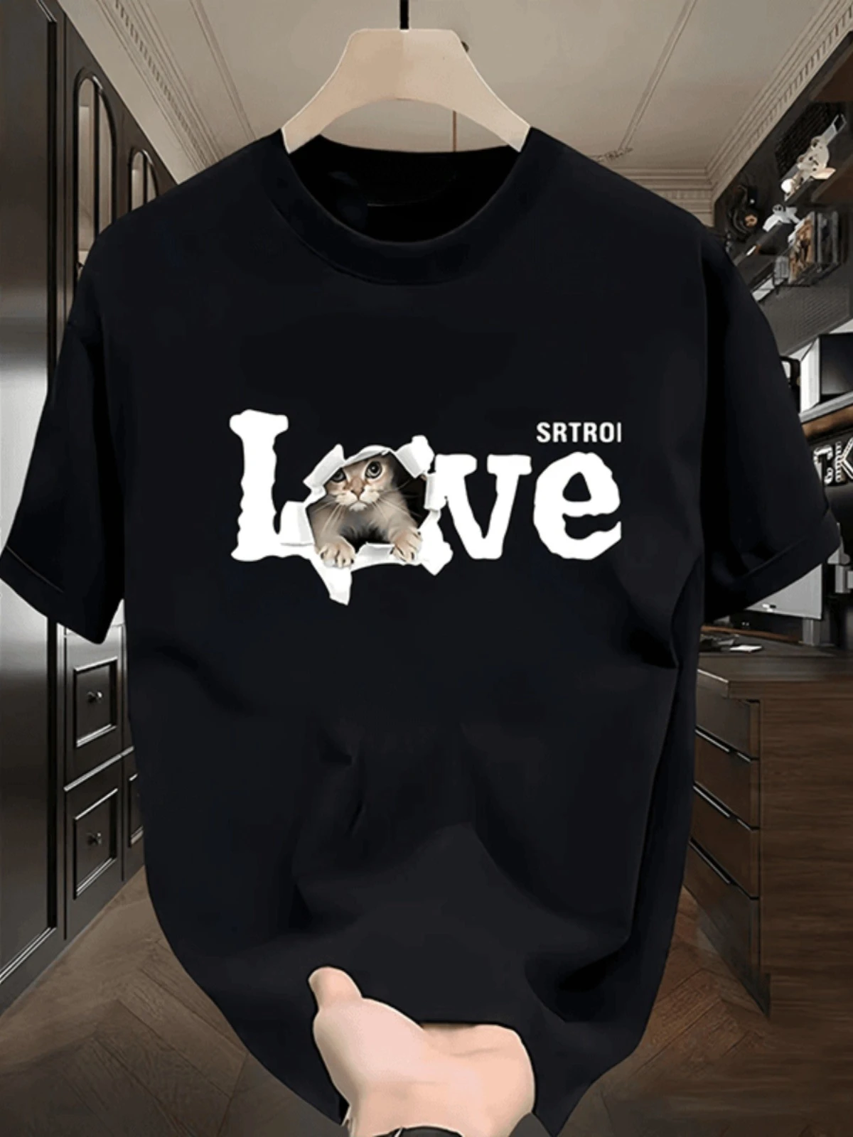 

2026 Весенне-летняя женская футболка с короткими рукавами и принтом кота в американском стиле, универсальный топ из чистого хлопка