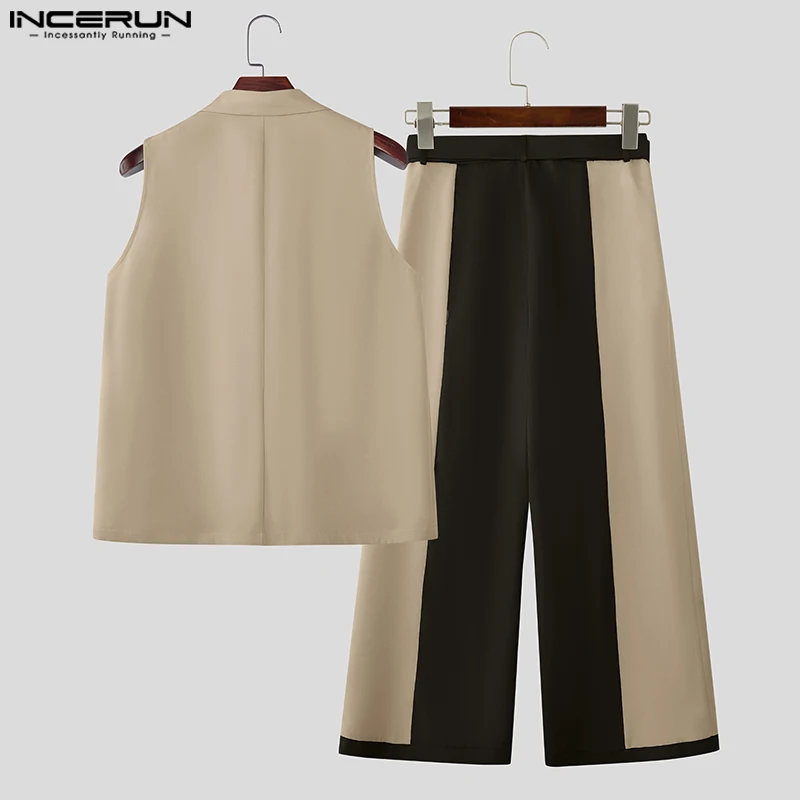 INCERUN Set Pria Rompi Tanpa Lengan Kerah Warna-warni Tambal Sulam & Celana Kaki Lebar 2 Potong Setelan Kasual Pria Fashion Longgar Pakaian Jalanan