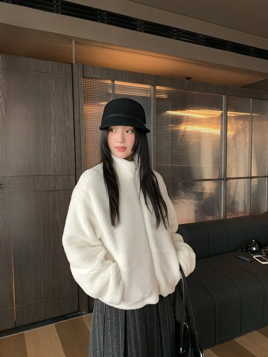 

Casual Sle ort Coat Women's Loose Fit Lamb Velvet Fce Lined Stand Collar Jaet Autumn Winter New Arrival