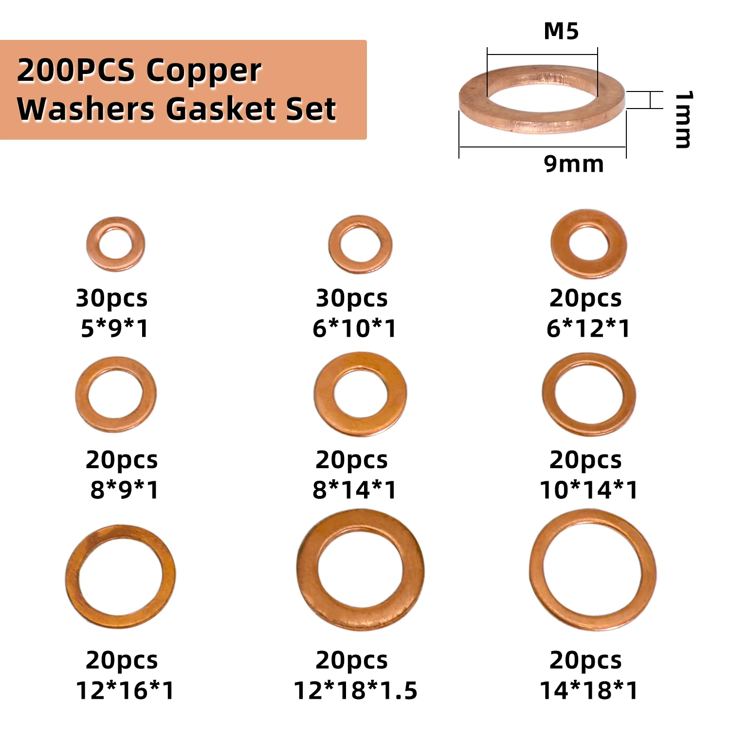 Copper Gasket Boxed Multistandard O Shaped Copper Gasket Combination Oil Plugging and Sealing Ring Combination 1 Box 200pcs