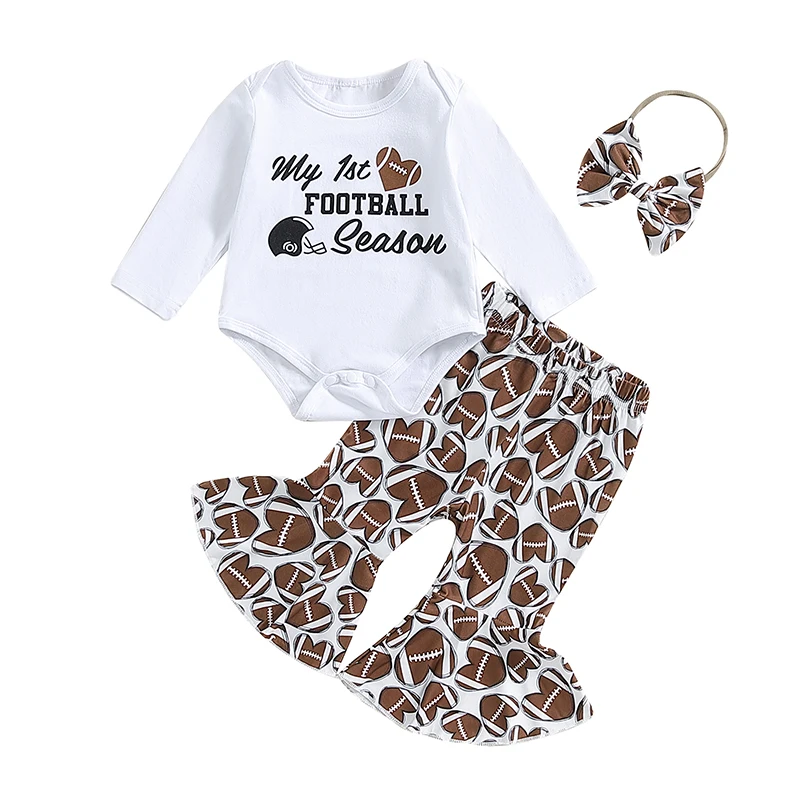 Baby Girl Football Outfit Letter Print Long Sleeve Romper Heart-shaped Rugby Print Flare Pants Bow Headband