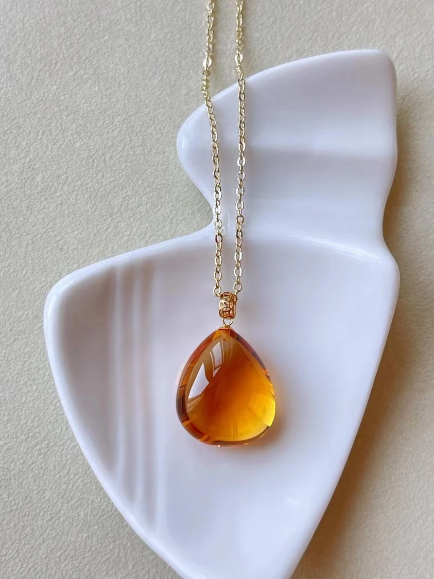 

Natural Yellow Citrine Quartz Faceted Pendant Brazil Jewelry 28.5*13mm Women Citrine Beads Necklace AAAAA