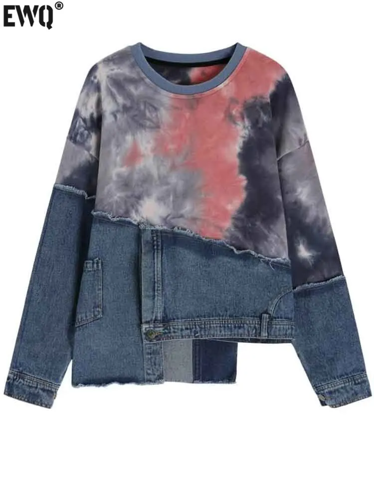 

[EWQ] Streetwear Tie Dye Irregular Denim Spliced Long Sleeve Sweatshirt Loose Fashion Women Pullover Top 2024 Autumn New 16O1807