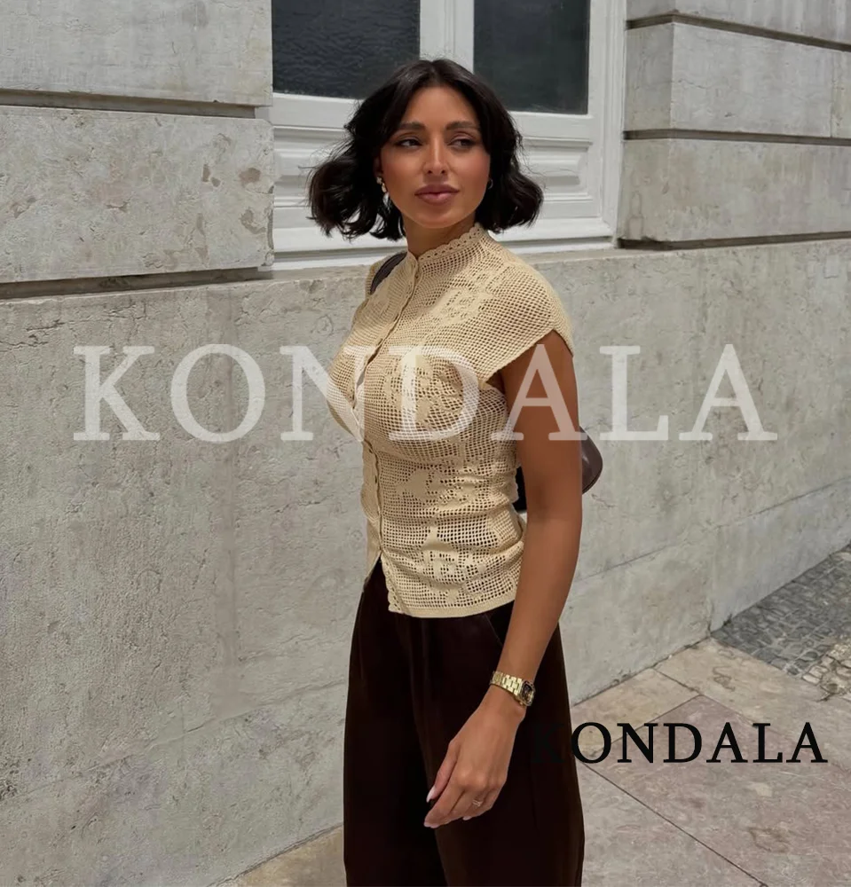 KONDALA Elegant Knitted Hollow Vest Women Summer High Street Holiday Chic Vest New 2026 Trendy Ladies Leisure Slim Buttons Vest