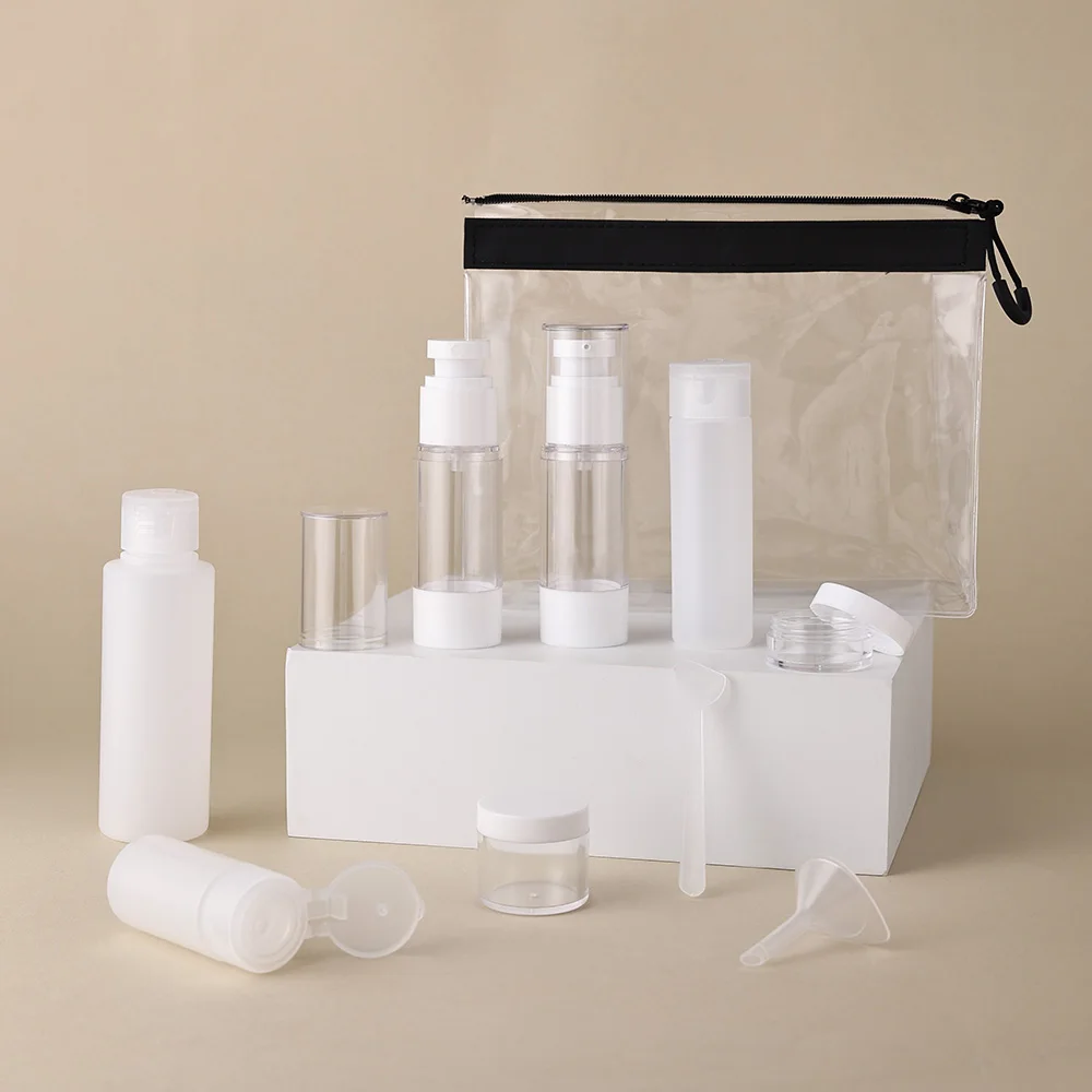 7-delige reisflessenset lekvrije hervulbare samendrukbare containers voor toiletartikelen met doorzichtige ritssluiting toilettas voor lotion
