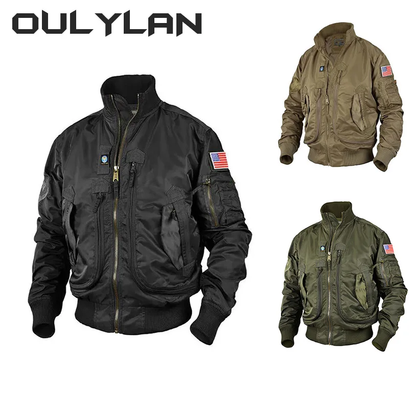 Oulylanl Military Jackets Big Pocket Pilot Baseball Air Force Coat ArmyGreen Bomber Jacket Stand-collar Motorcycle Outwear