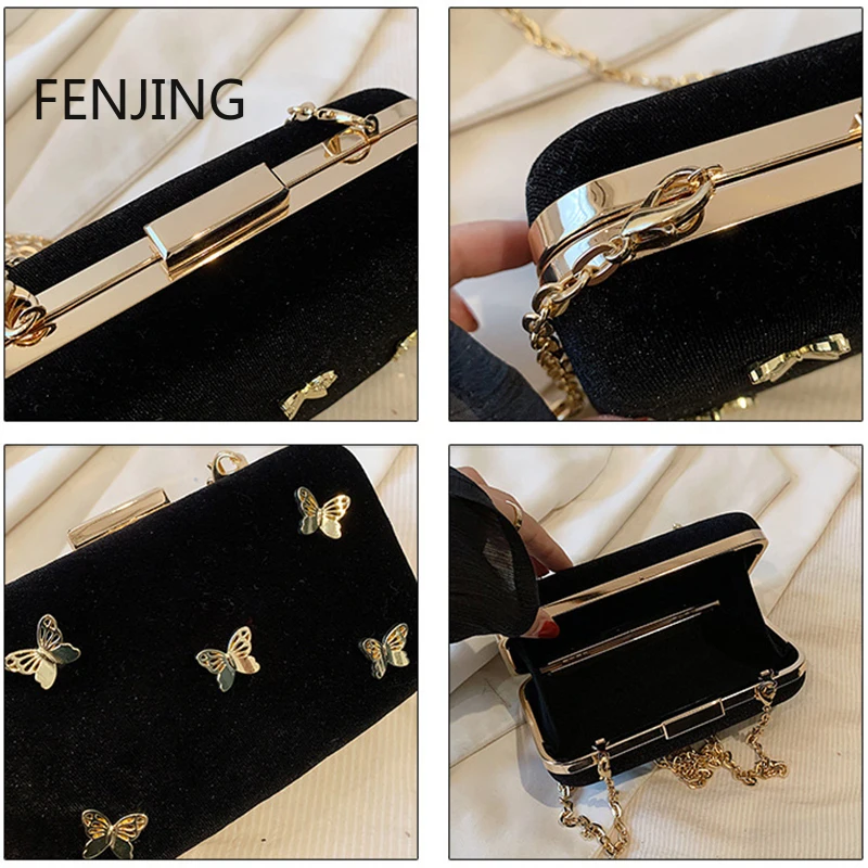 Black Velvet Butterfly Clutches Womens 2023 New Chain Shoulder Messenger Bags Evening Party Bags Day Purse Luxury Small Handbags