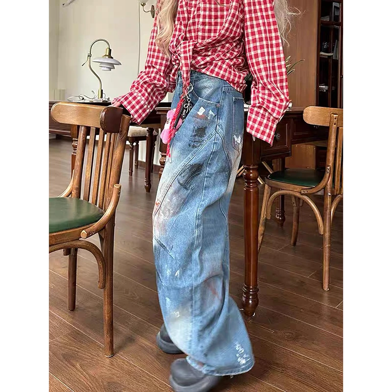 ZHIZOU Damen Blau Baggy Y2k Cargo Jeans Ästhetischer 2000er Jahre Stil Oversize Hose Vintage Harajuku Boyfriend Denim Hose Herbst