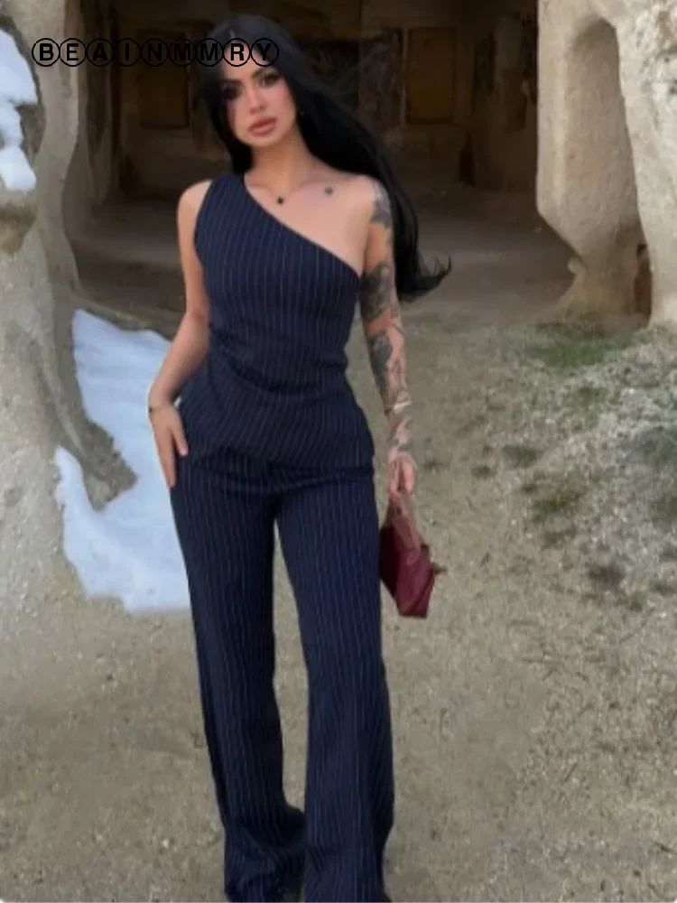 

Striped One-shoulder Tops Pants Suit Women Casual Sleeveless Waist-cinching Blazer Pants Set 2026 Spring Office Lady Outfit