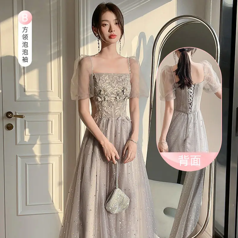 D164Grey-vestido de dama de honor para mujer, traje de manga larga para boda, verano, 2024