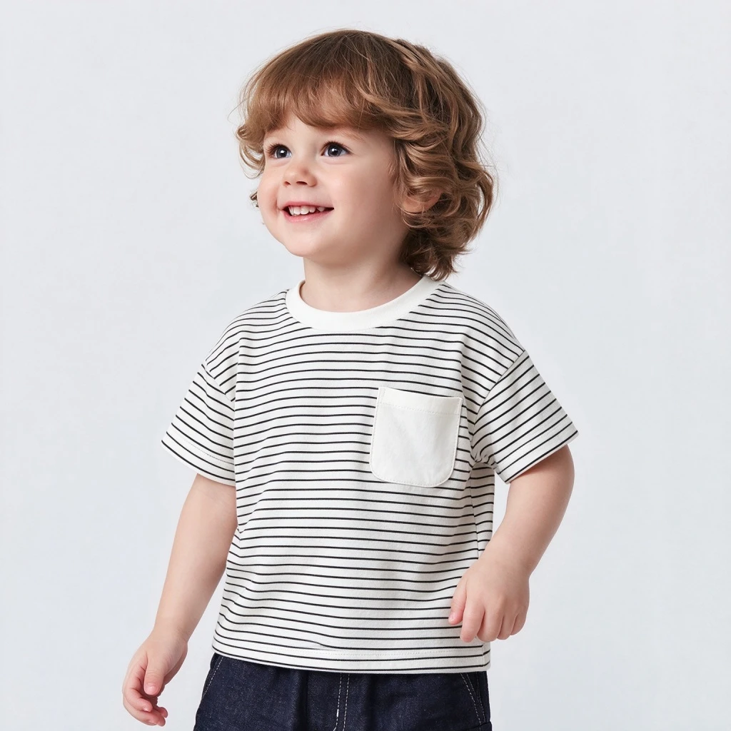 Little Boys Trendy Striped Tshirt Round Neck Bottoming Shirt Short-sleeved Tops Simple All-match Pullovers Cotton Thin Tees