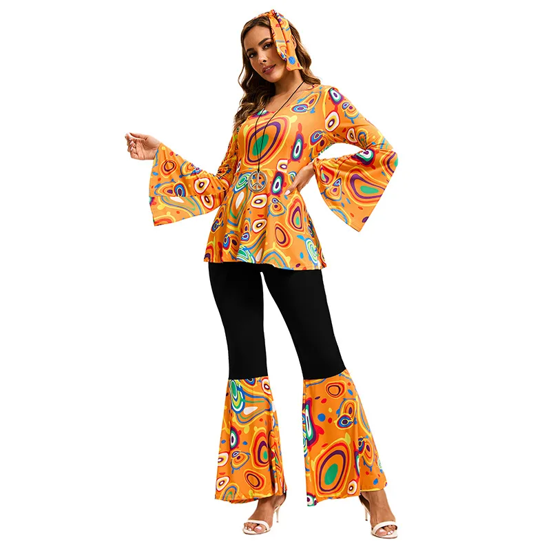 Printed  Flare Long Sleeves Top Pants Headscarf Set Women's Hippie 60s 70s Outfits Hippie Dance Stage Performance Costume