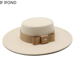 2022 Autumn Winter French Ladies White Bownot Flat Top Fedora Hat 10CM Brim Banquet Elegant Felt Hat Wedding Dress Cap