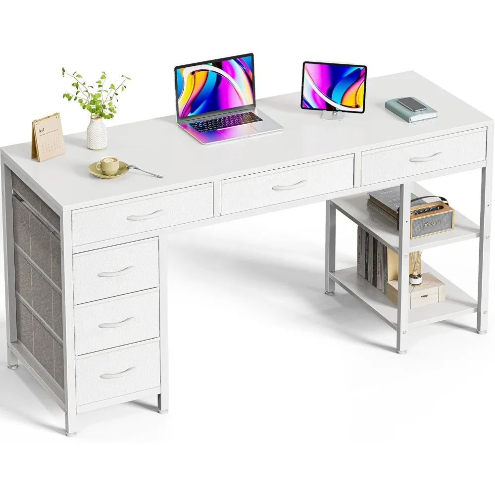 Computer Desk with 6 Drawers, 54 Inch Office Desk with Shelves, Reversible Gaming Desk, Corner Desk with Storage