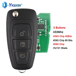 YIQIXIN-llave de coche remota de 40/80 bits para Ford, Mondeo c-max, s-max, Focus, Fiesta, 2010, 2011, 2012, 433Mhz, 3 botones, 4D63, 4D60, Chip Fob