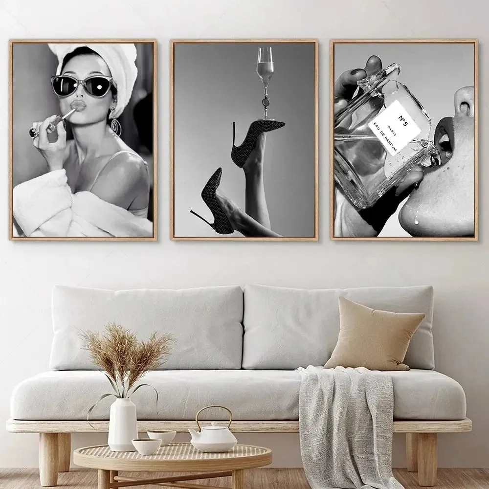 Black and White Sexy Woman Drinking Wine Champagne High Heels Car Canvas Poster Vintage Feminist Photography Picture Home Decor