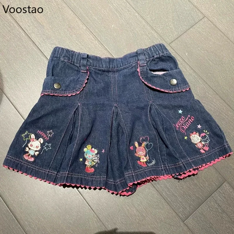 Japanese Kawaii Lolita Style Denim Skirt Women Sweet Cartoon Bunny Embroidery Mini Skirts Y2k Aesthetic Cute Party Short Skirt