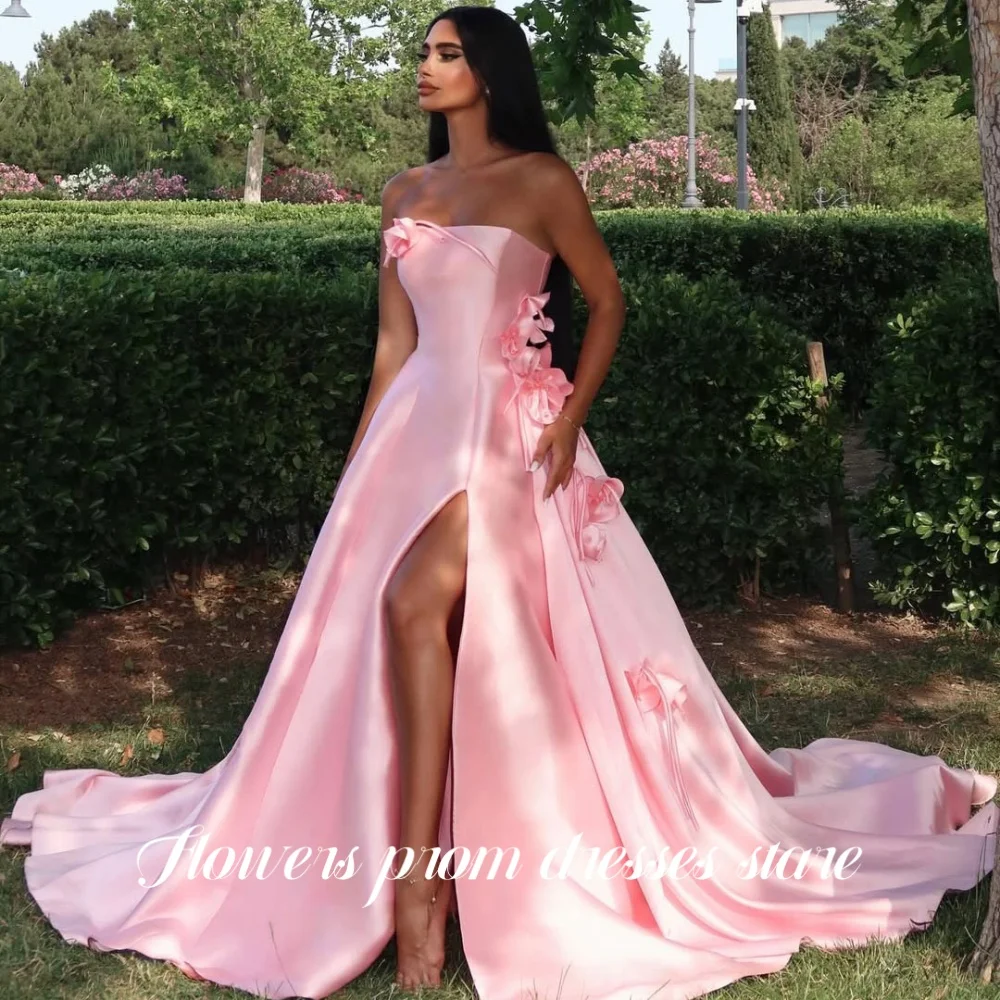 

Flowers Prom Dress 3D Flowers A Line Evening Party Dress for Women Split Satin vestido de fiesta فساتين مناسبة ر Cu