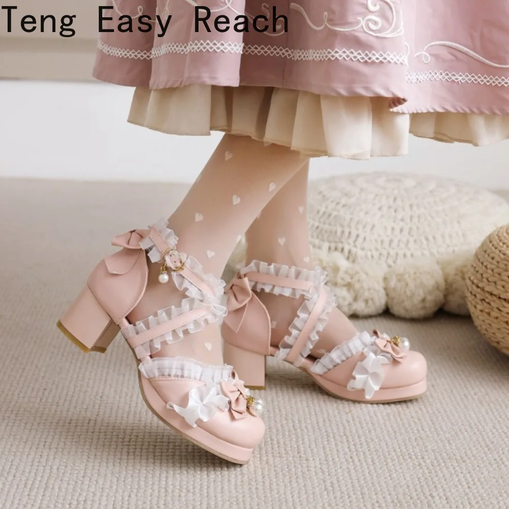 Sweet Women's Low Heels Mary Jane Lolita Sandals Luxury Lace Ruffles White Pink Heeled Party Wedding Dance Shoes Female Summer