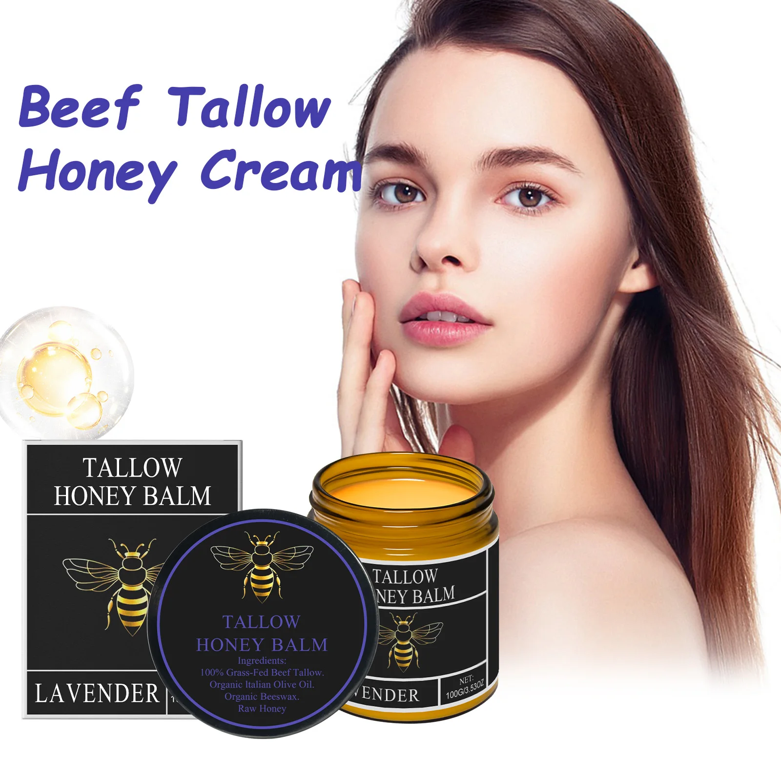 Crema de miel Tallow de ternera, hidratante, reafirmante, suave, suavizante, calmante para la piel, Reduce el enrojecimiento, hidratante, nutritivo, bálsamo de miel Tallow