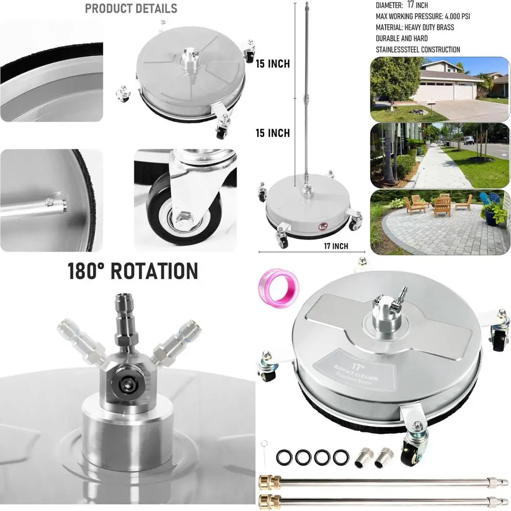 

Четырехколесная насадка для очистки поверхностей 17 дюймов для аппаратов высокого давления, нержавеющая сталь, быстроразъемное соединение 1/4 дюйма, 2000 PSI, идеально подходит для подъездных путей, тротуаров и