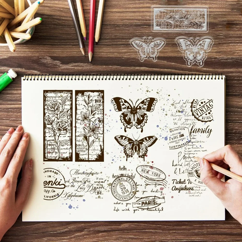 Vintage Flower Frame and Text Background Transparent Clear Stamps Butterflies Roses Embossing Stamp Sheets Silicone Clear Stamps