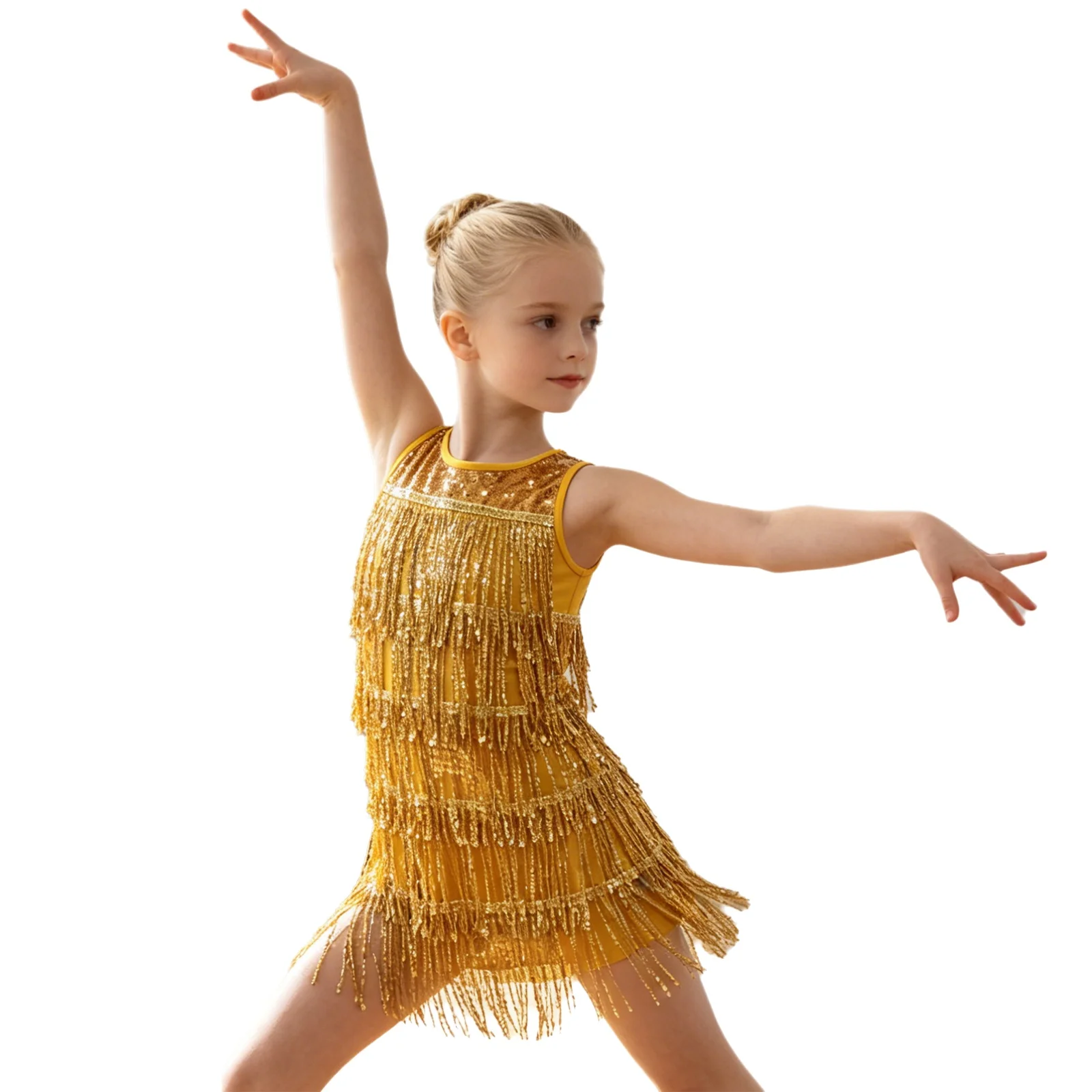 Kids Girls Rhythmic Latin Dance Costume Sleeveless Round Neck Sparkling Sequin Tassel Dress Rumba Dance Stage Performance Outfit