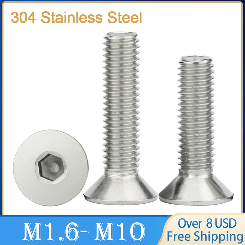 304 Stainless Steel M1.6 M2 M2.5 M3 M4 M5 M6 M8 M10 Hexagon Hex Socket Countersunk Screw Flat Head Screw Allen Key Bolts DIN7991
