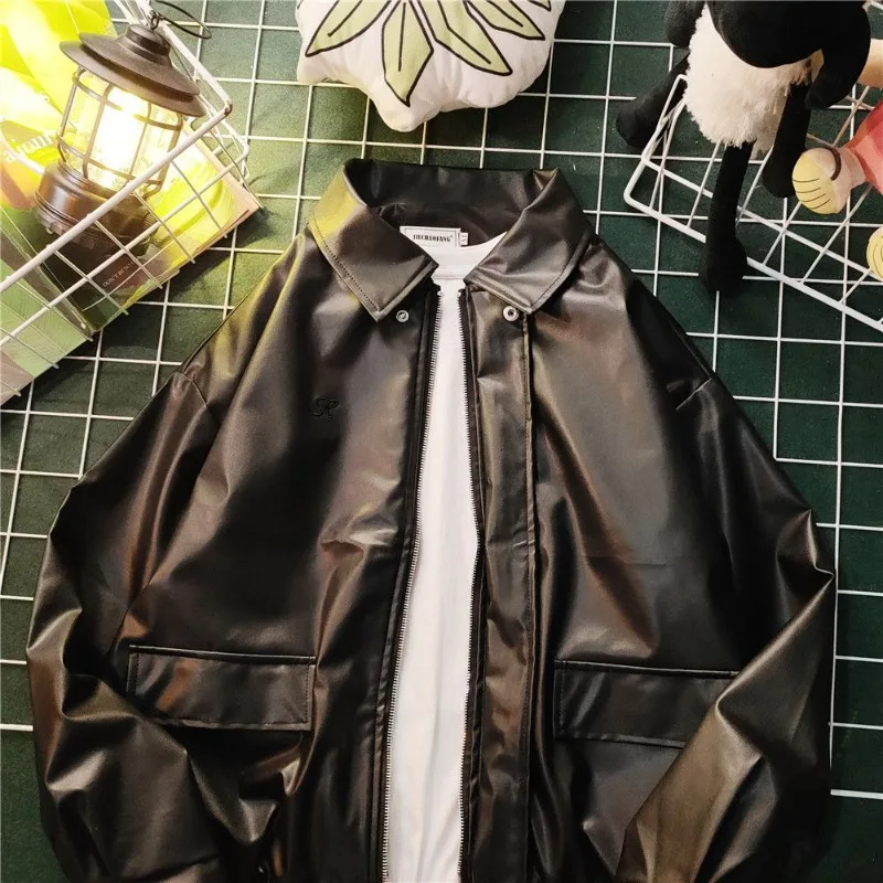 Brown Men's PU Leather Bomber Jacket Thickened Windproof Coat for Men's Autumn Winter Large Size Workwear Jacket​