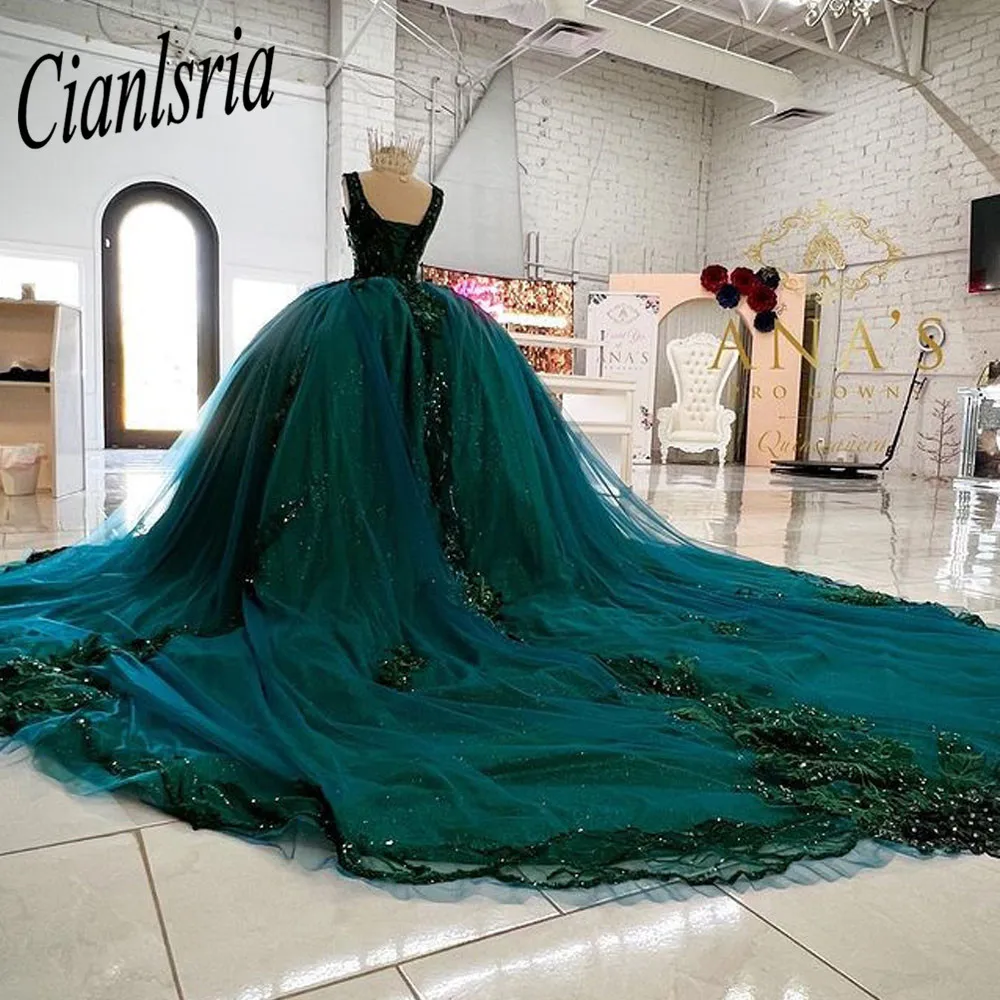 Gaun Bola Gembung Gaun Quinceanera Gaun Pesta Payet Tulle Sweetheart Putri Renda Formal Hijau Gaun Vestidos De 15 Años