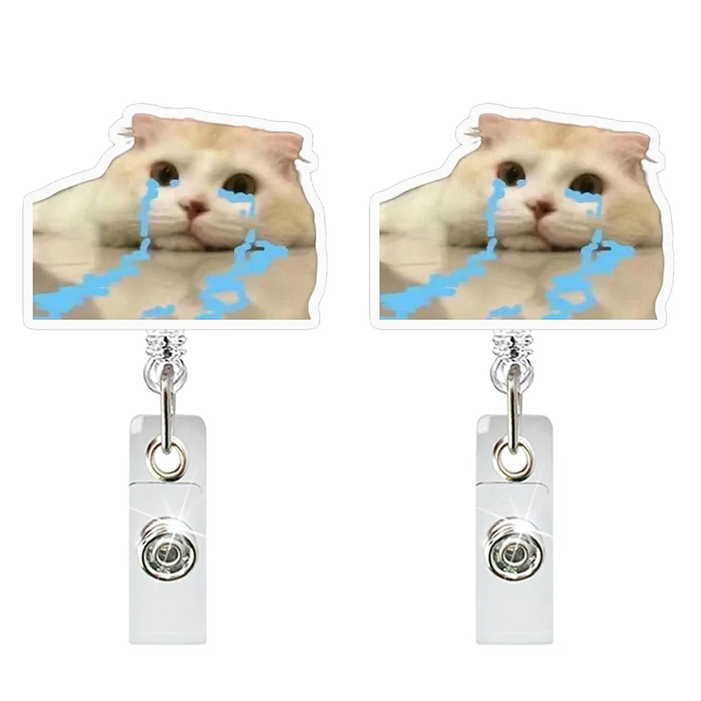 

2pcs Gift Funny Cat Keychain Portable Memes Series Retractable Badge Holder Telescoping Decorative Cat Bag Pendant Card Decor
