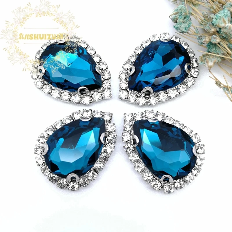 10pcs/pack Peacock blue Silver bottom Top grade Glass Crystal buckle,Drop shape sew on rhinestones,Diy wedding decoration