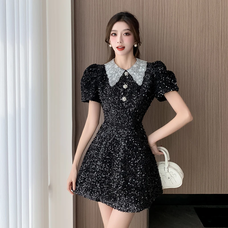 New Summer Princess Luxury Studded Drill High Waist Slim Black Dress for Women Shinny Sequin Puff Sleeve Mini Dress