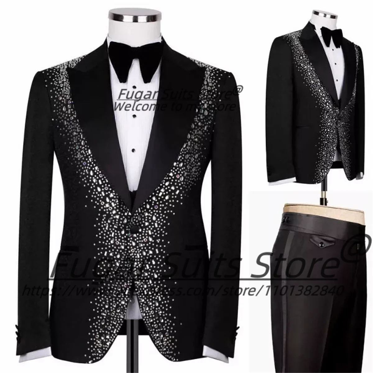 Shiny Crystals Beads Men Suits Luxuly Customized Slim Fit Groom Wedding Tuxedos 2 Pcs Sets Male Party Blazers Formal Ropa Hombre