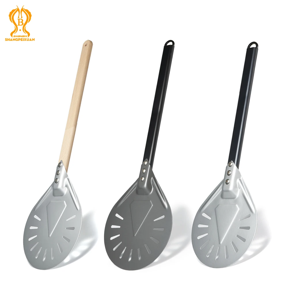 Pá de casca de pizza pequena, 7 8 9 polegadas, ferramenta redonda curta, cabo de madeira antiderrapante, pá de pizza perfurada