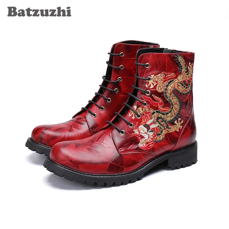 

Batzuzhi Cool Boots Men Lace-up Genuine Leather Ankle Motorcycle Men Boots Biker Combat Botas Hombre Black or Black, Big Size 46