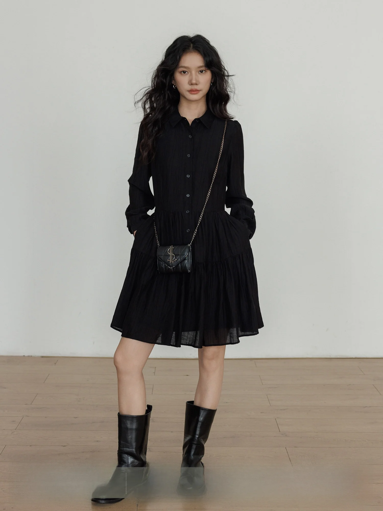 Elegant Black Long Sleeve Shirt Collar Dress Women's A-Line Skirt Vastand Autumn New Style Slimming Long Dress for City Commu...
