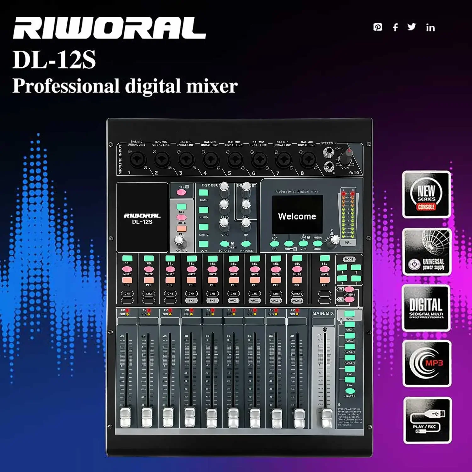 DL-12S Mixer audio digitale professionale a 12 canali con console di missaggio per lettore MP3 USB