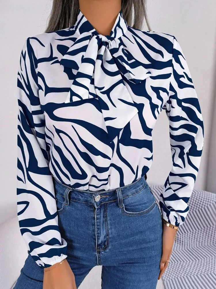 

Female Stripe Print Chiffon Shirt Women Casual Long Sleeve Top Spring Office Lady Tied Bow Pullover Tops Clothes