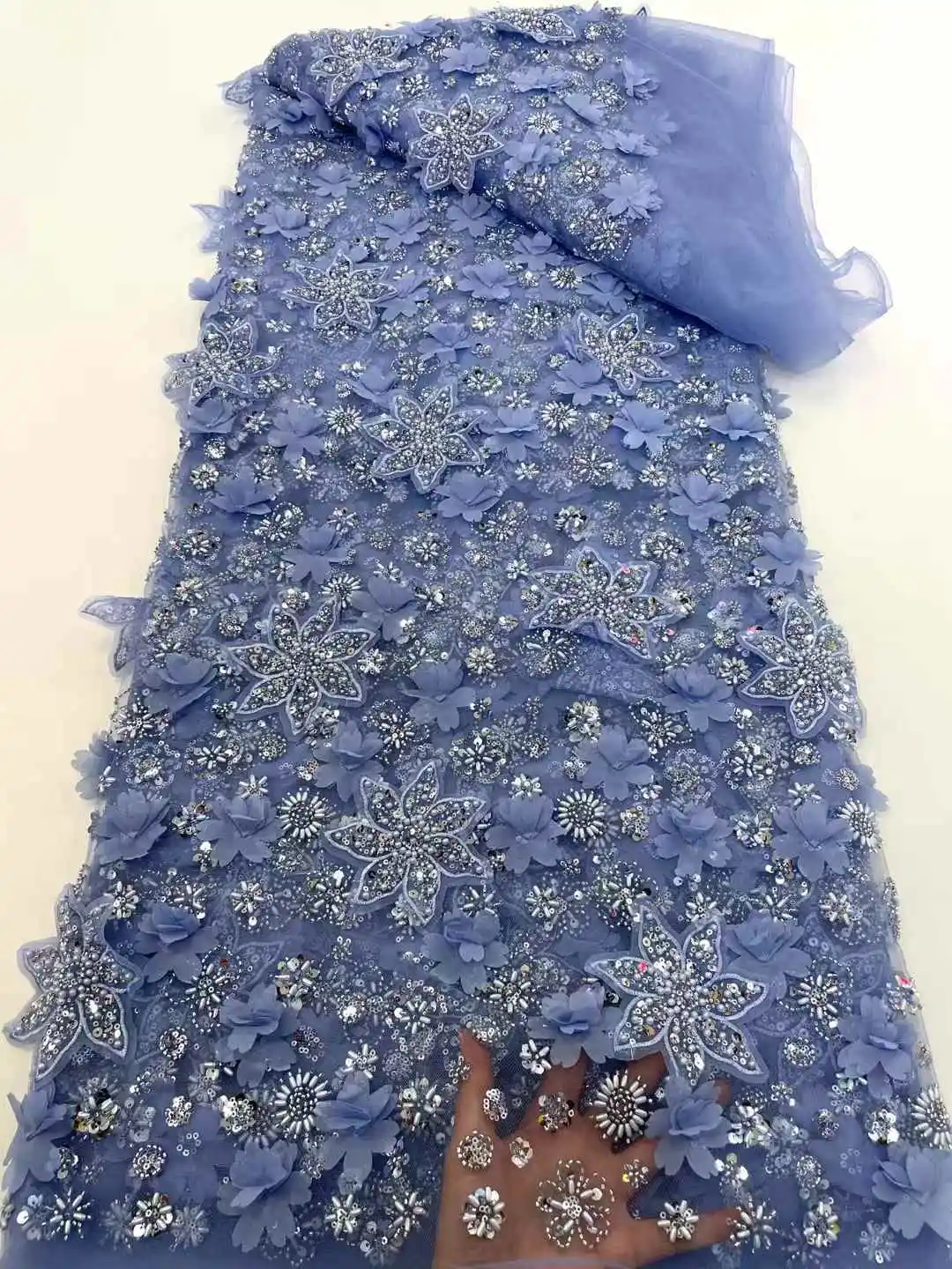 

5 Yards African 3D Flower Beads Lace Fabric 2025 High Quality French Nigerian Embroidery Tulle Fabric For Wedding Dress Sewing
